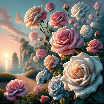 Primary subject: A painting of a field of flowers, including pink and white roses, with a sunset in the background.

Setting/background: The painting features a beach setting with a rock formation in the foreground.

Visual style: The image is a digital art painting.

Colors and mood: The painting is predominantly pink and white, with a warm and serene atmosphere.